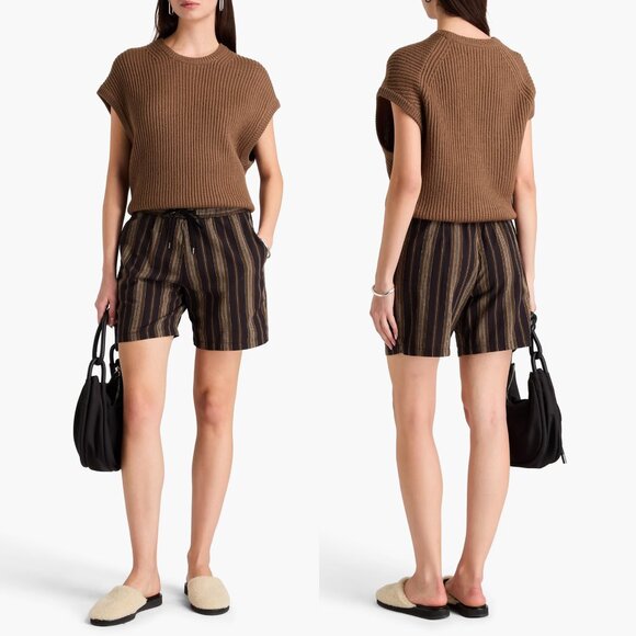 NWT JAMES PERSE Black & Brown Striped Cotton-Linen Drawstring Shorts Size 2/M - Picture 3 of 5